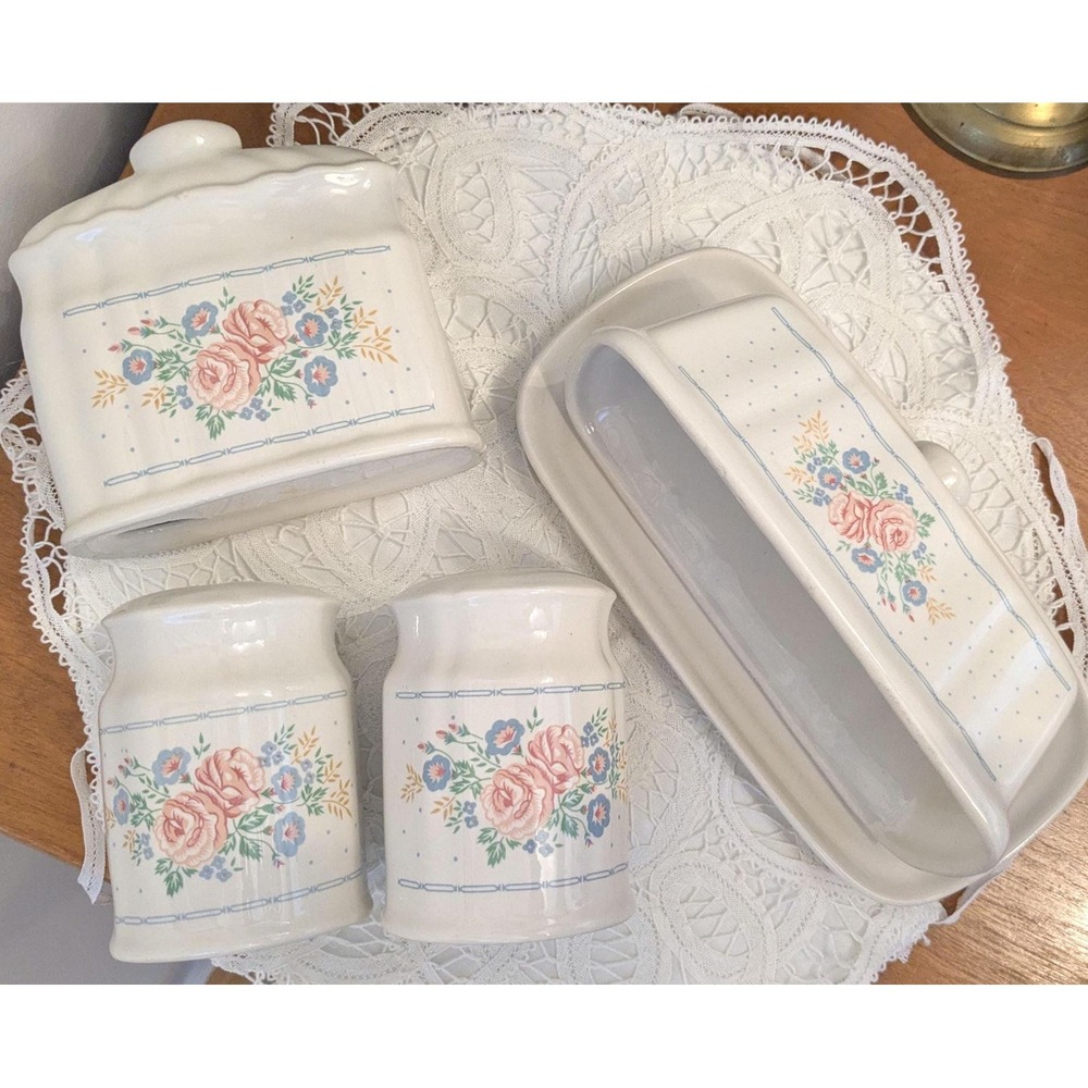 Vintage Floral Kitchen Canister Set, Butter Dish Sugar Creamer Salt Pepper Set